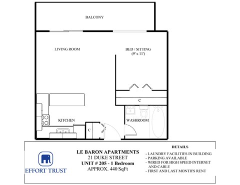Floor plan for 1 bed, 1 bath, 440 sqft